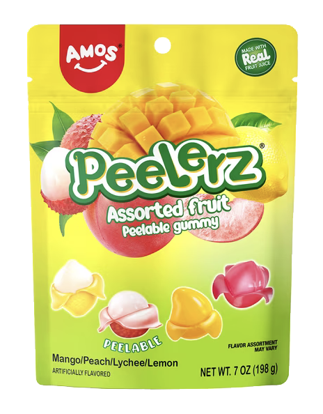 Amos Peelerz assorted fruit gummy candy packaging.