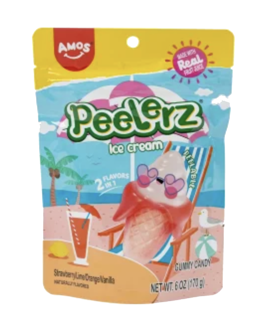 Amos Peelerz Ice Cream gummy candy pouch with an illustrated ice cream cone.