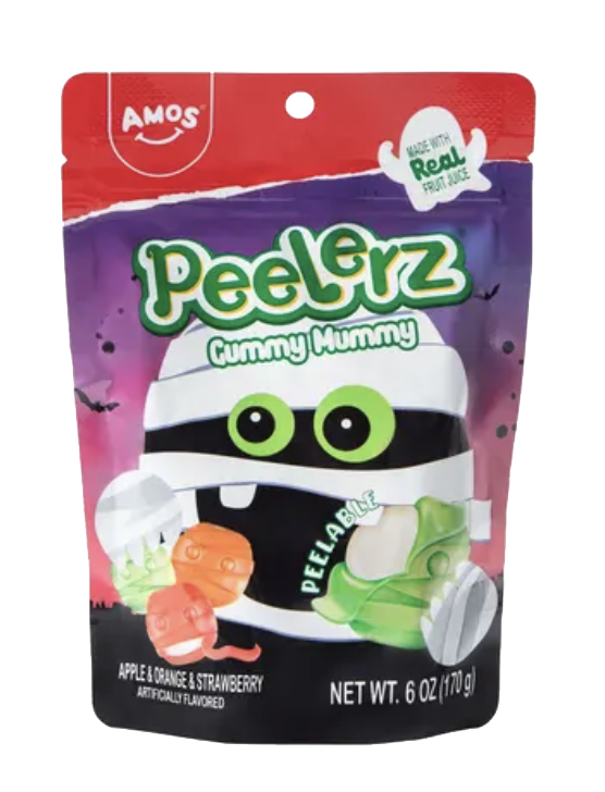 Amos Peelerz Mummy gummy candy packaging.