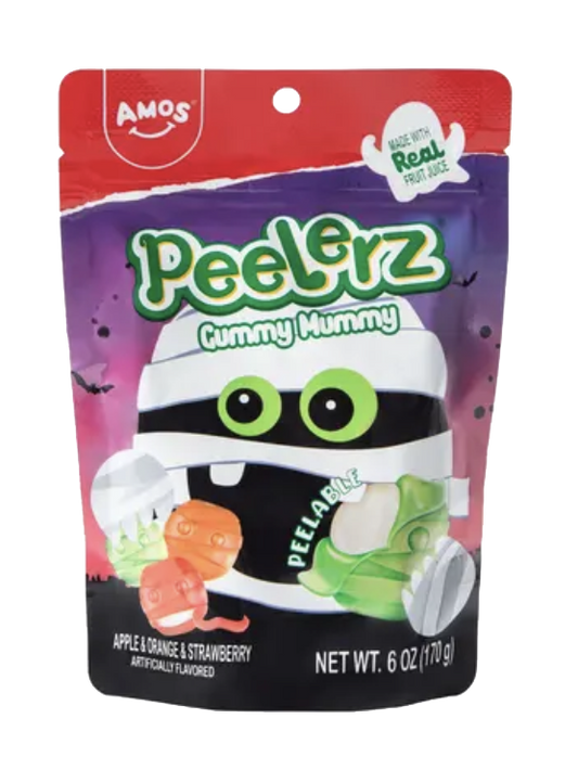 Amos Peelerz Mummy gummy candy packaging.