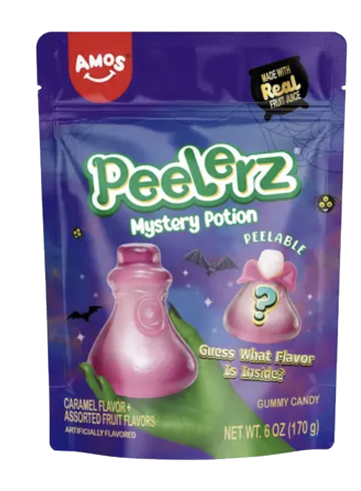 Amos Peelerz Mystery Potion gummy candy packaging.