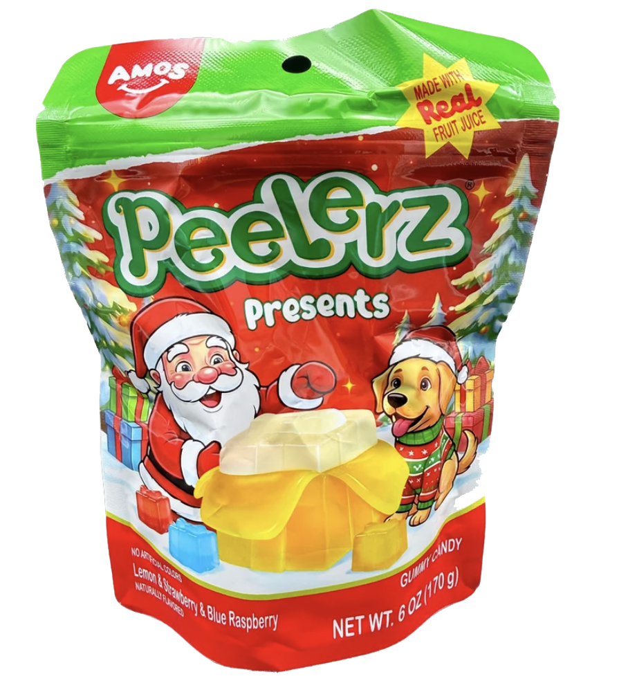 Amos Peelerz Presents gummy candy in a red and green holiday bag with gift-shaped gummies
