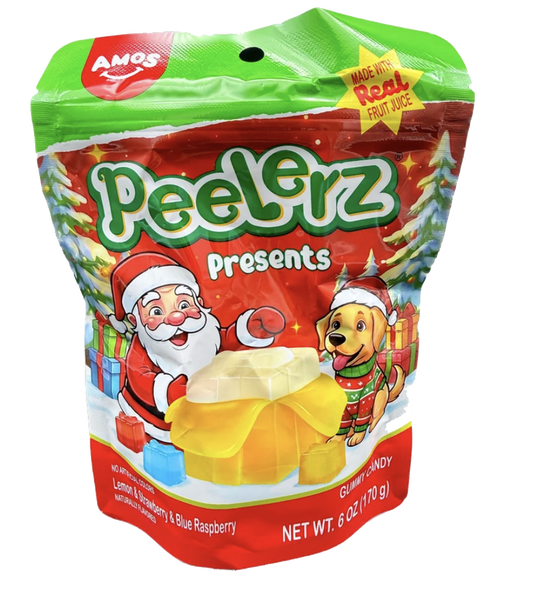 Amos Peelerz Presents gummy candy in a red and green holiday bag with gift-shaped gummies
