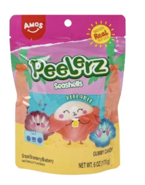 Amos Peelerz Seashells gummy candy pouch with colorful seashell illustrations.