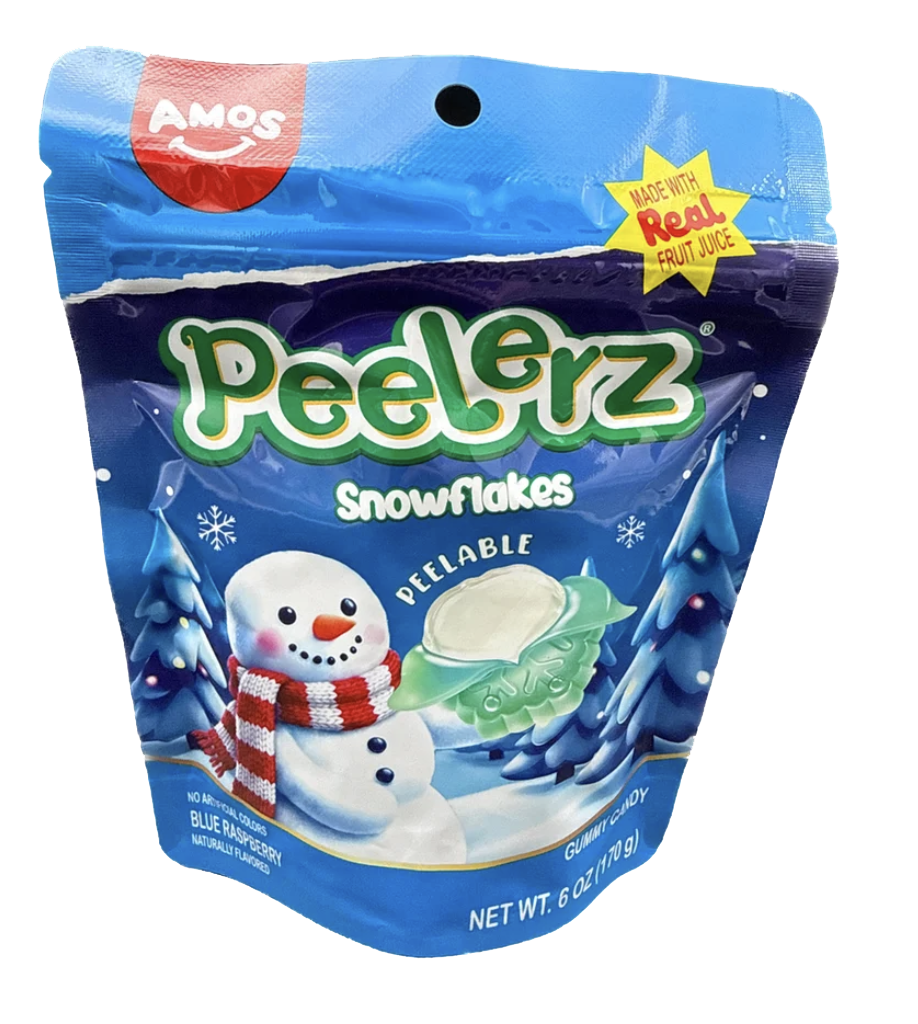 Amos Peelerz Snowflakes blue raspberry gummy candy in a blue winter-themed bag
