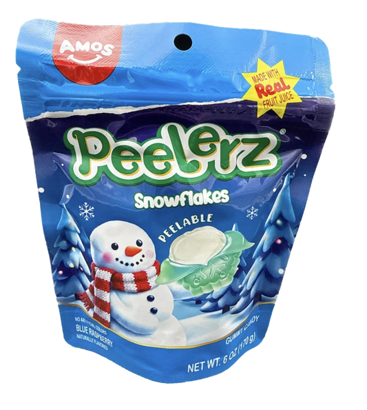 Amos Peelerz Snowflakes blue raspberry gummy candy in a blue winter-themed bag

