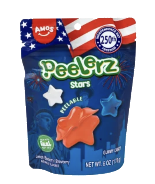 Amos Peelerz Stars gummy candy in a blue bag with red, white and blue star-shaped gummies
