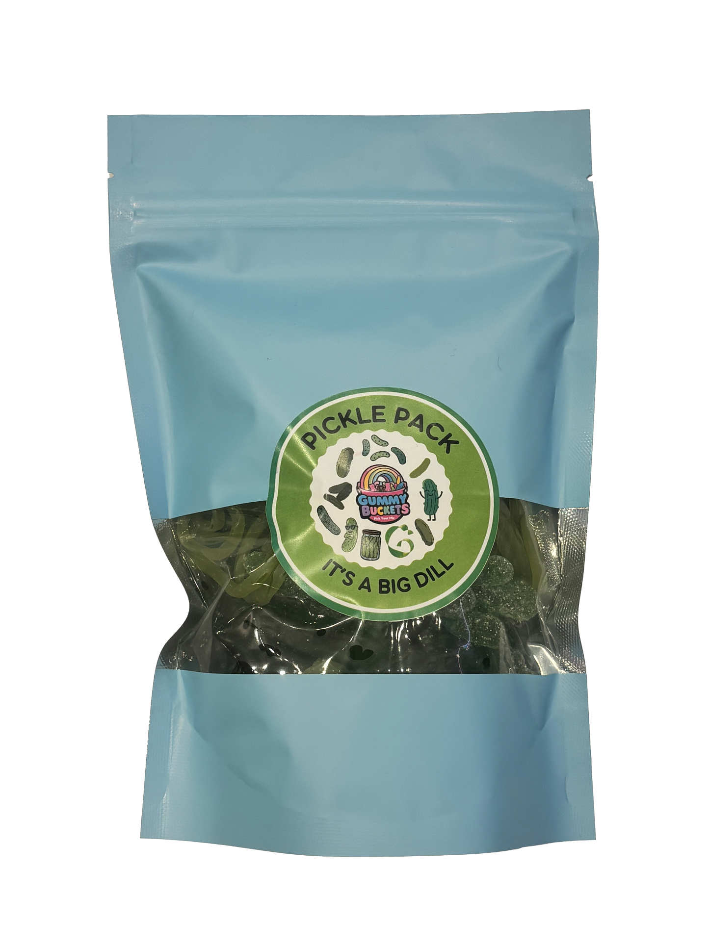 "A light blue resealable stand-up pouch with a clear window showing dark green pickle-shaped gummy candies inside. A round green and white label on the front reads 'PICKLE PACK' and 'IT'S A BIG DILL' with the Gummy Buckets logo surrounded by illustrated pickle and dill icons in the center.
