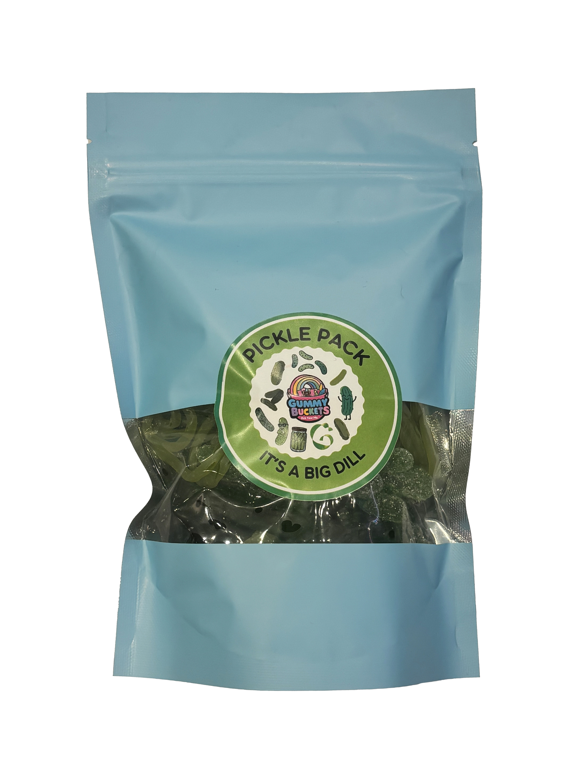 "A light blue resealable stand-up pouch with a clear window showing dark green pickle-shaped gummy candies inside. A round green and white label on the front reads 'PICKLE PACK' and 'IT'S A BIG DILL' with the Gummy Buckets logo surrounded by illustrated pickle and dill icons in the center.