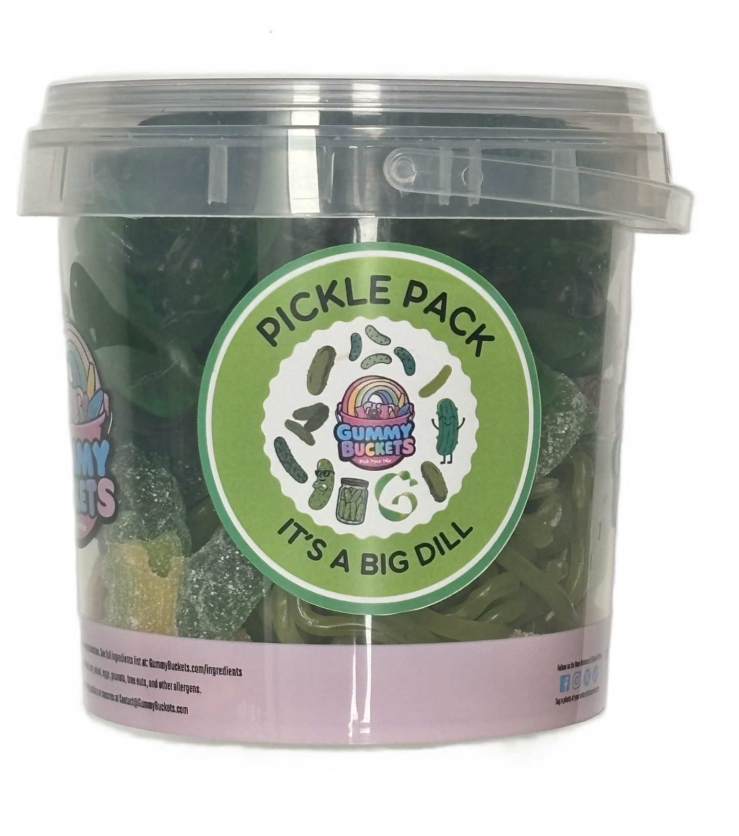 A clear plastic tub of Gummy Buckets Pickle Pack gummy candies with a green and white circular label, filled with dark green gummy candies visible through the transparent container.