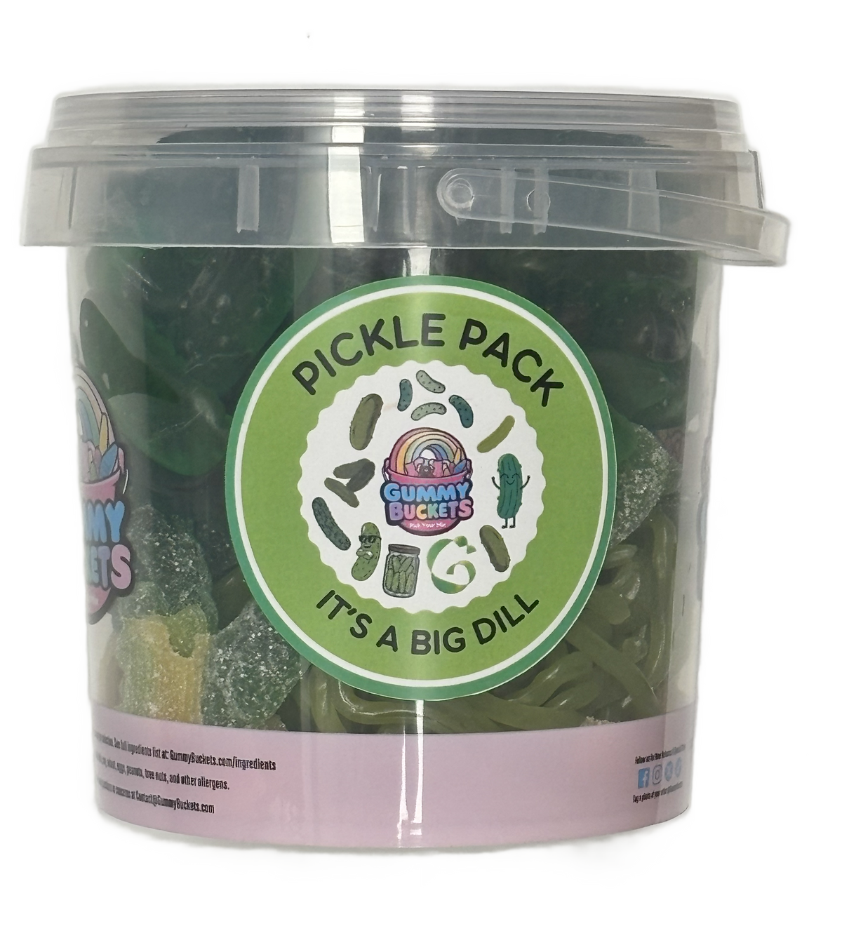 A clear plastic tub of Gummy Buckets Pickle Pack gummy candies with a green and white circular label, filled with dark green gummy candies visible through the transparent container.