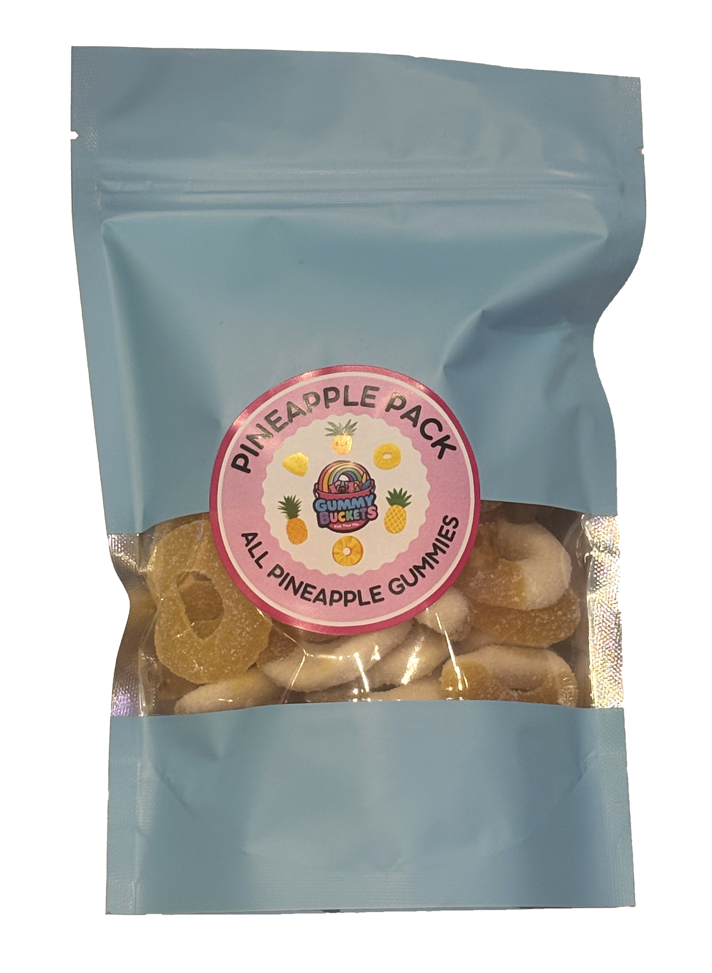 A light blue stand-up pouch of pineapple gummy candies with a clear window showing the gummies inside. A round pink label on the front reads 'PINEAPPLE PACK' and 'ALL PINEAPPLE GUMMIES' with a small 'Gummy World' logo.