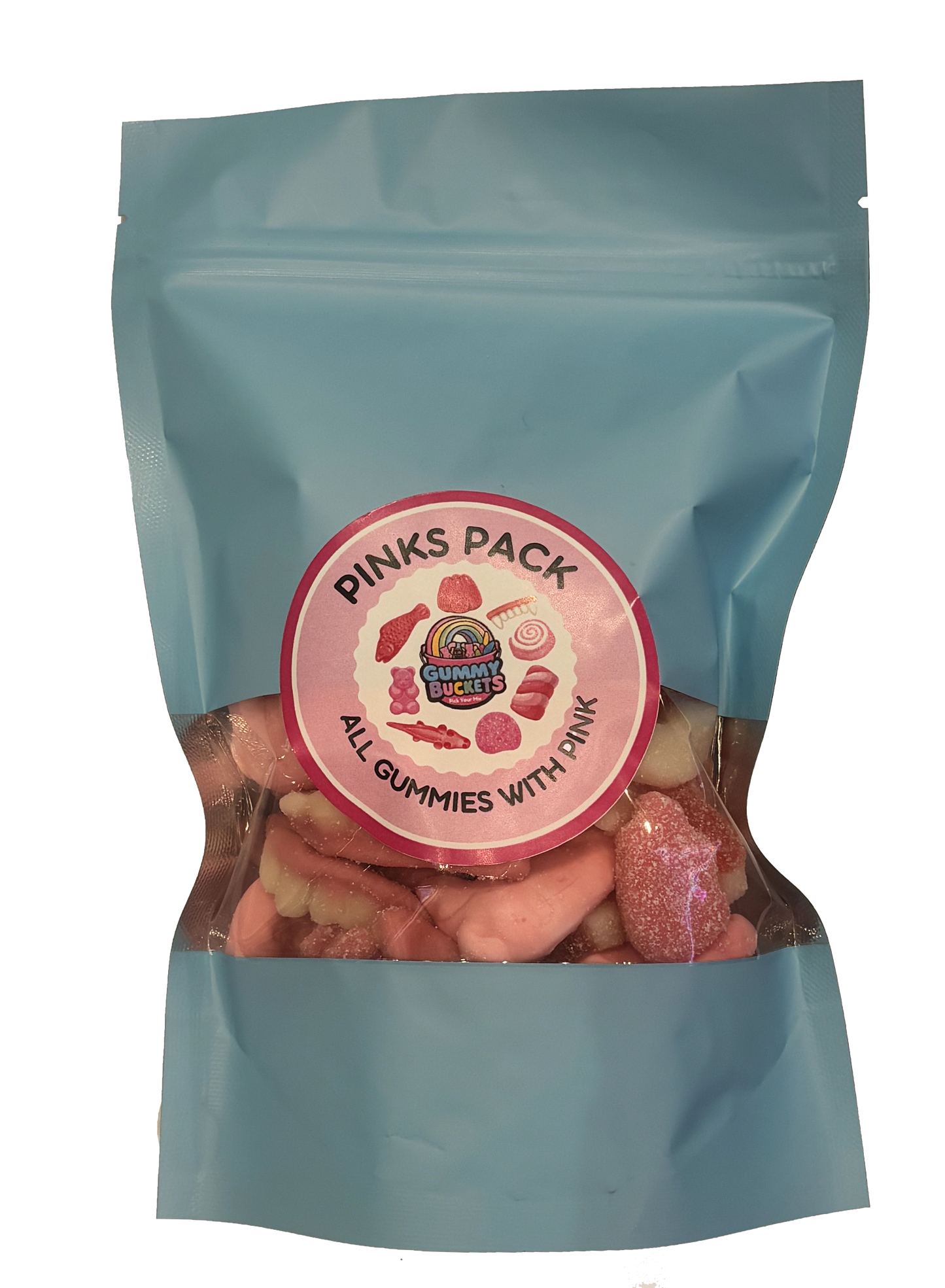 A light blue resealable stand-up pouch with a clear window showing a pink and white assortment of gummy candies including bears, worms, swirls, and fruit shapes inside. A round pink label on the front reads 'PINKS PACK' and 'ALL GUMMIES WITH PINK' with the Gummy Buckets logo surrounded by illustrated pink candy icons in the center.