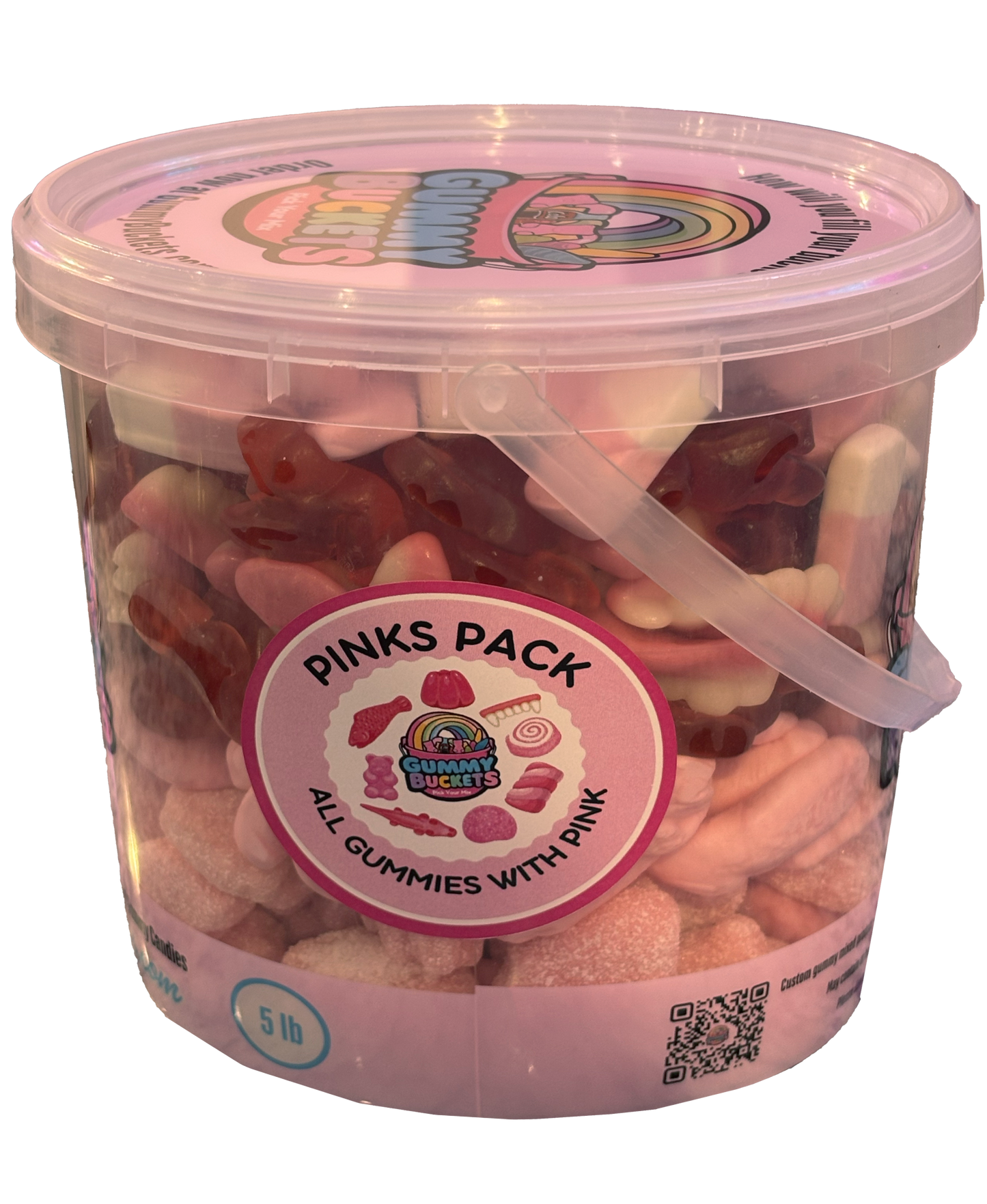 A 5 lb clear plastic tub filled with assorted pink gummy candies, featuring a pink lid and a round label that reads 'PINKS PACK' and 'ALL GUMMIES WITH PINK' from Candy Cakes Bakery.