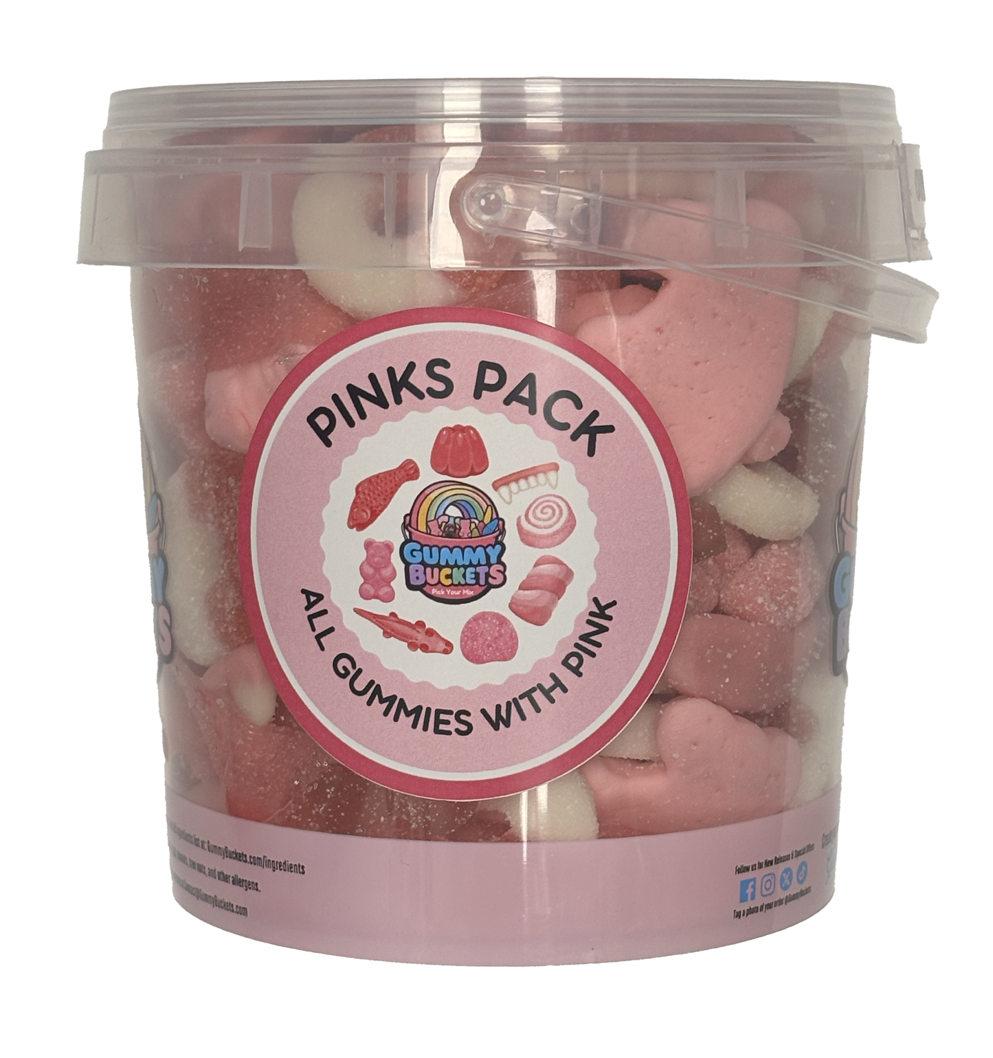 A clear plastic bucket filled with assorted pink gummy candies, featuring a round pink label that reads 'PINKS PACK' and 'ALL GUMMIES WITH PINK' with the Gummy Buckets logo.
