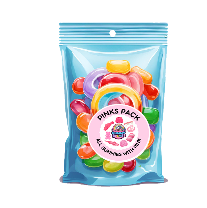 Packaged gummy candies with a pink label on a white background