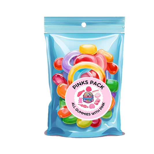 Packaged gummy candies with a pink label on a white background