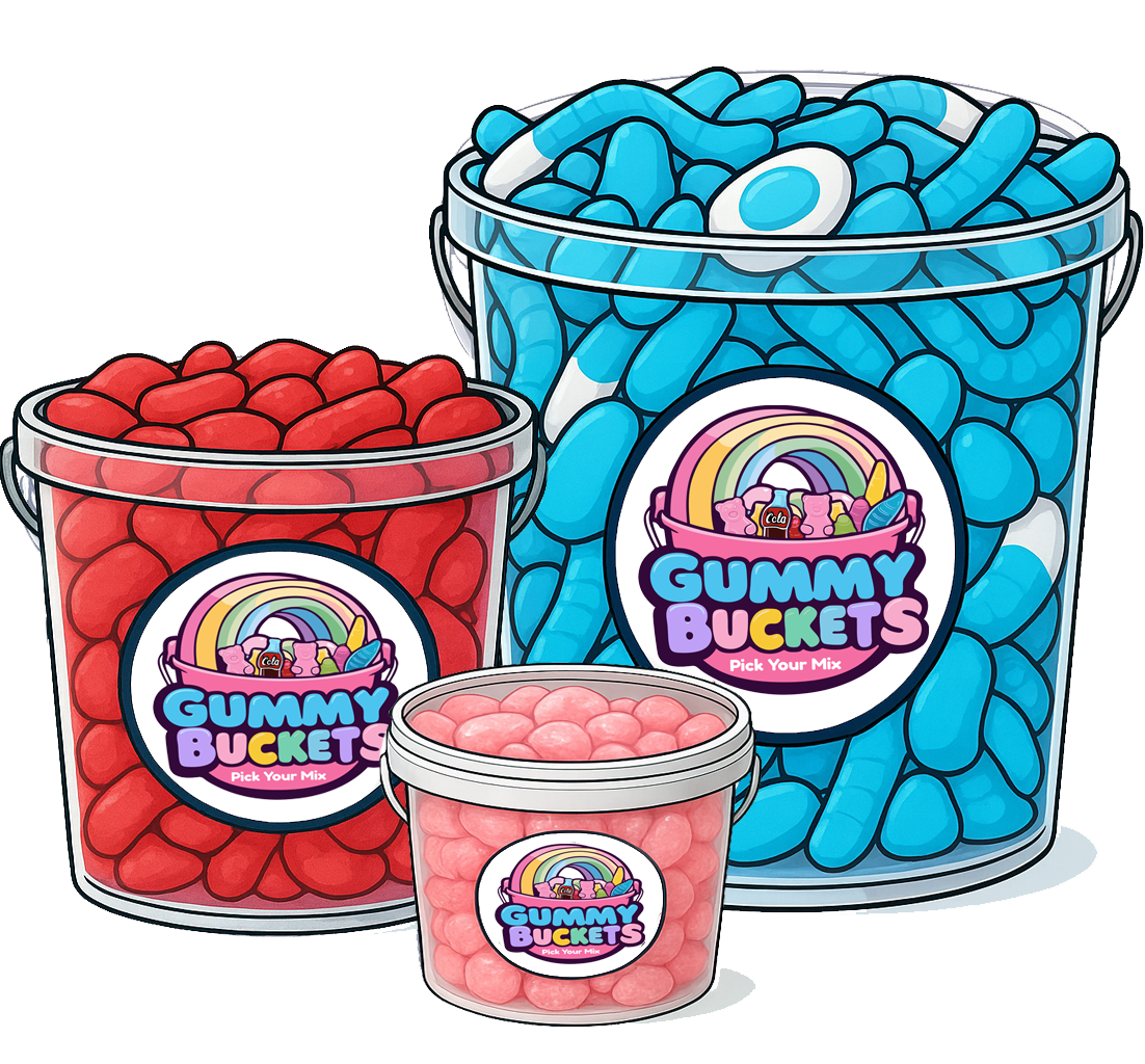 Themed buckets of gummy candy by color.