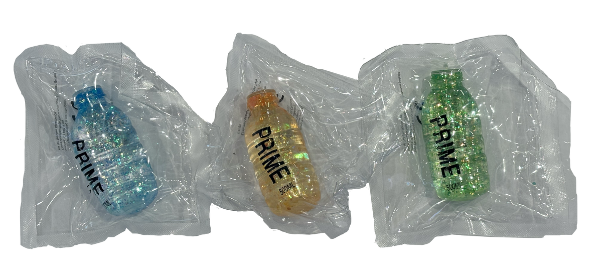 Prime Squishies in the package - blue, orange and green.