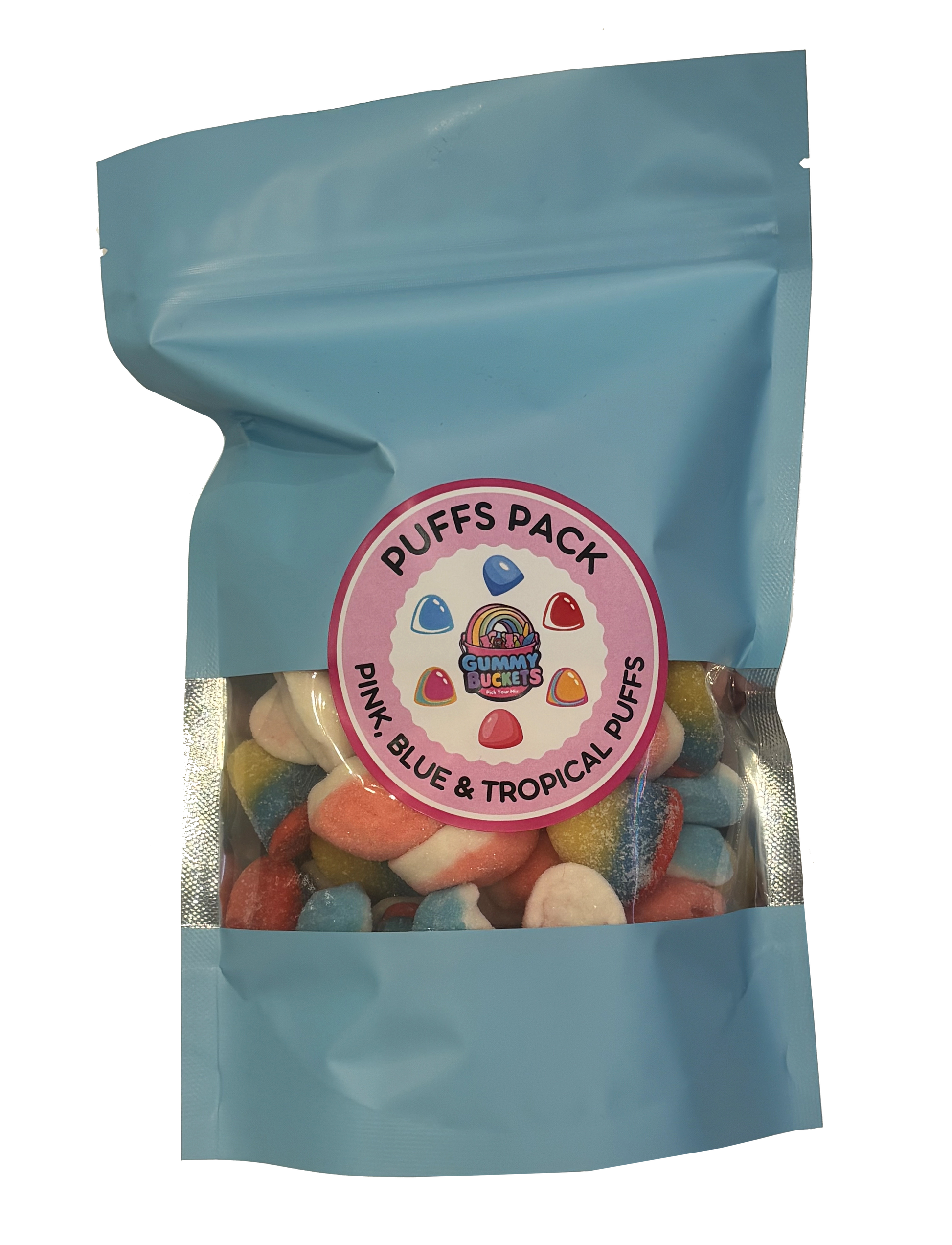 A light blue resealable stand-up pouch containing assorted colorful candy puffs, with a round pink label reading 'Puffs Pack' and 'Pink, Blue & Tropical Puffs.'.