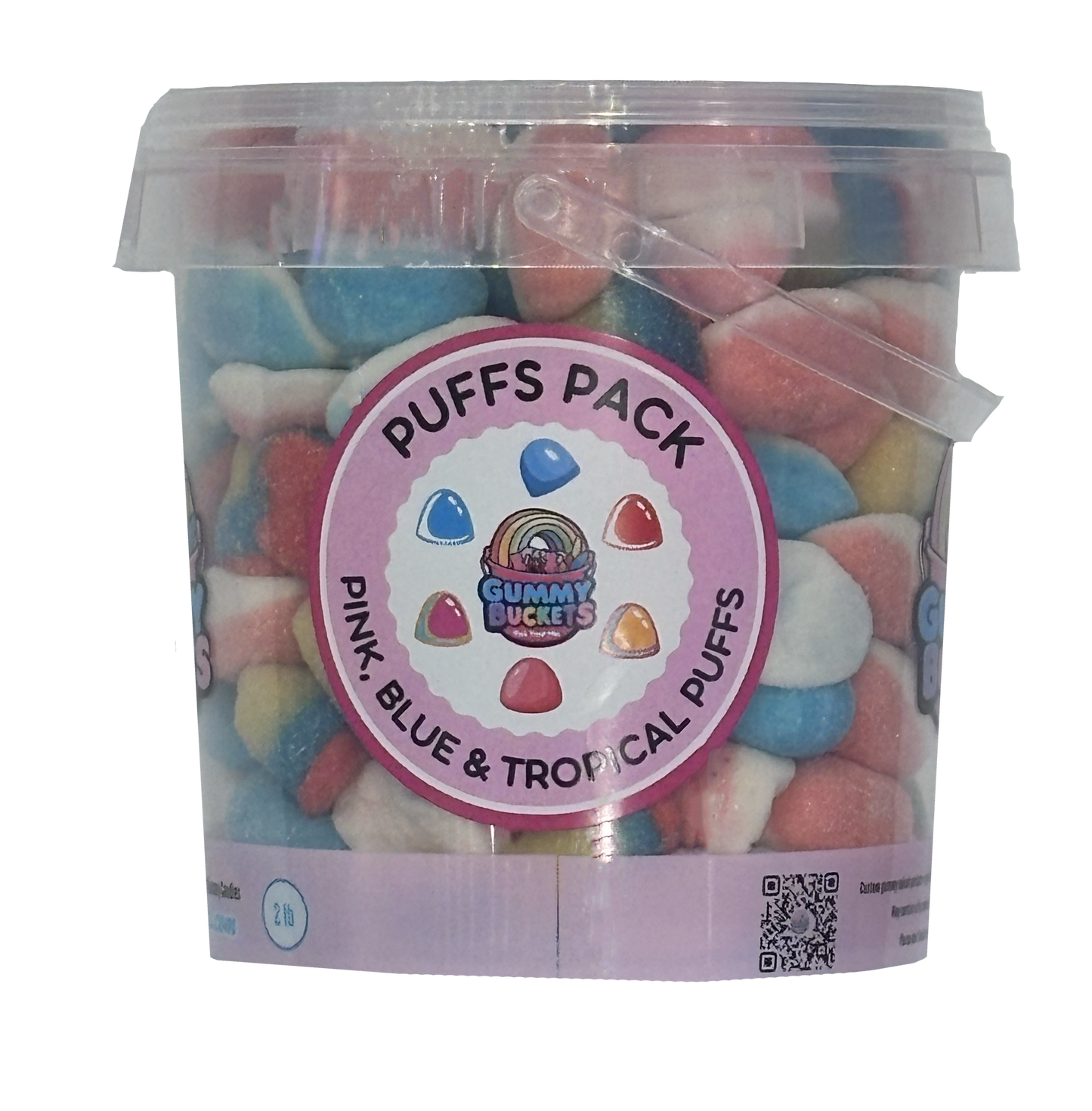 A clear plastic tub filled with assorted gummy candies, featuring a pink circular label that reads 'Puffs Pack' and 'Pink, Blue & Tropical Puffs.' The tub has a transparent lid with a small clear handle and is photographed on a plain white background.