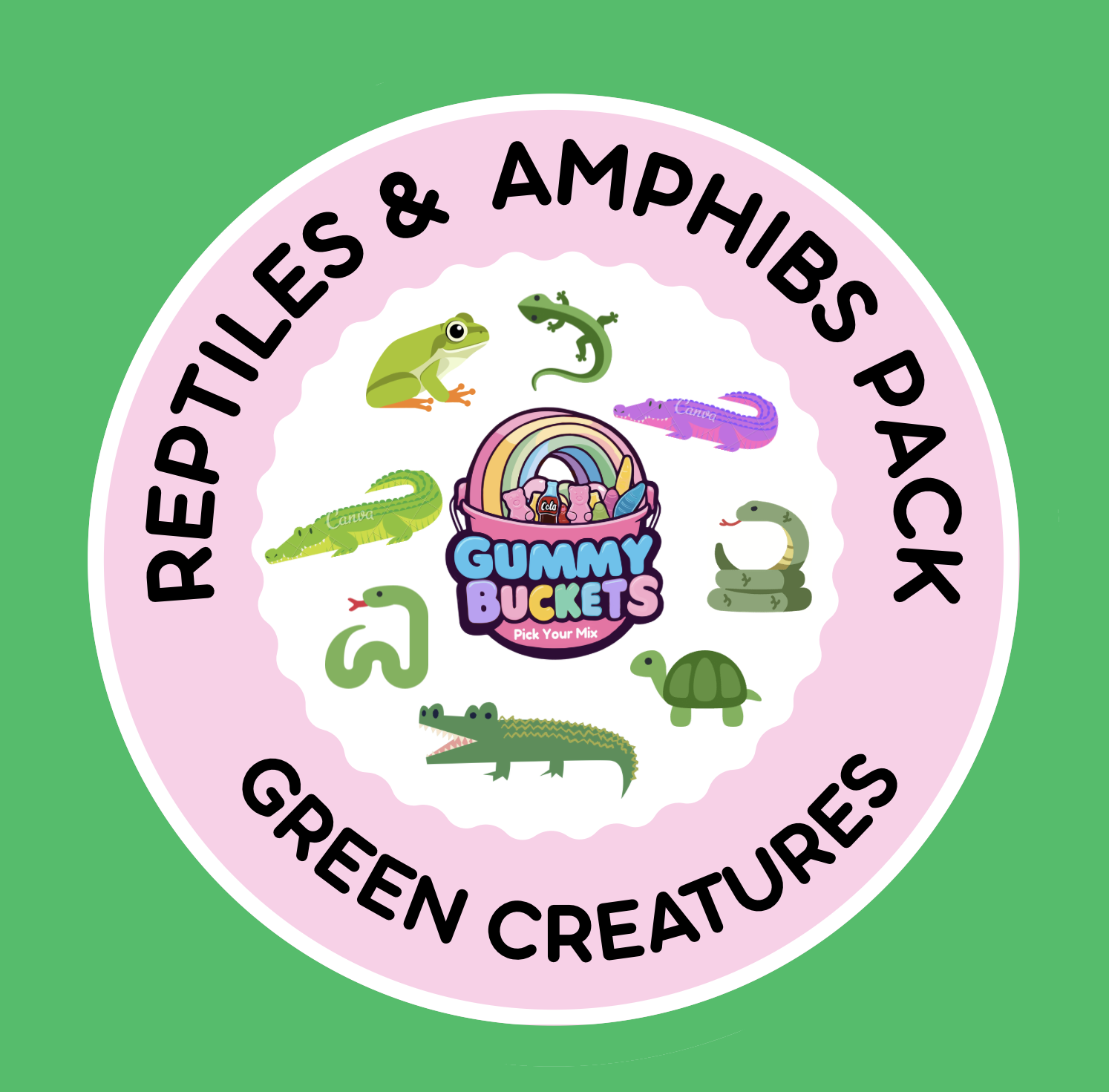 Gummy Buckets Reptiles & Amphibians Pack label with green creatures on a pink circle against a green 