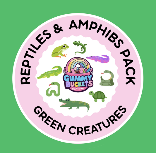 Gummy Buckets Reptiles & Amphibians Pack label with green creatures on a pink circle against a green 