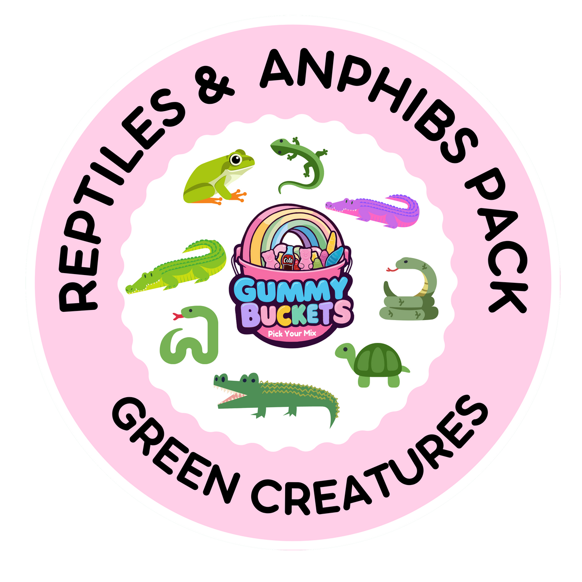 A circular pink sticker or label design with the text 'REPTILES & ANPHIBS PACK' and 'GREEN CREATURES' around a central 'Gummy Bubbles Gummy Candy' logo, surrounded by cartoon green reptiles and amphibians.