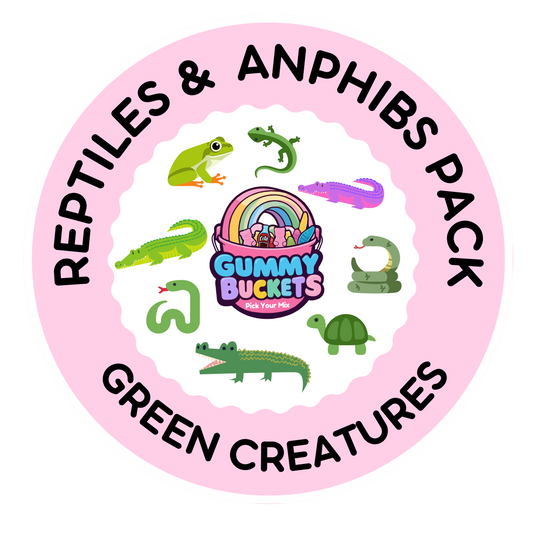 A circular pink sticker or label design with the text 'REPTILES & ANPHIBS PACK' and 'GREEN CREATURES' around a central 'Gummy Bubbles Gummy Candy' logo, surrounded by cartoon green reptiles and amphibians.