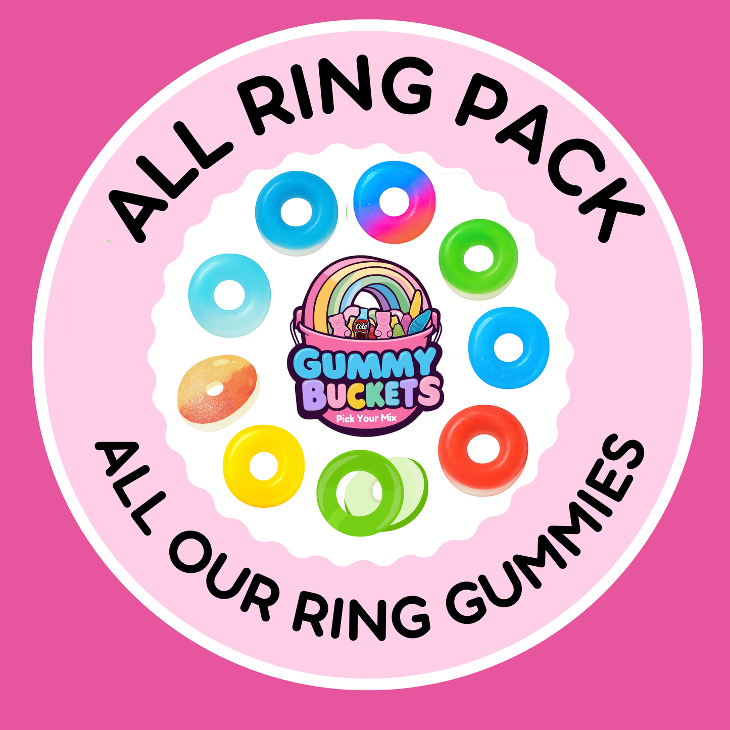 Circular logo for Gummy Buckets with colorful ring gummies on a pink background