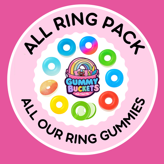 Circular logo for Gummy Buckets with colorful ring gummies on a pink background
