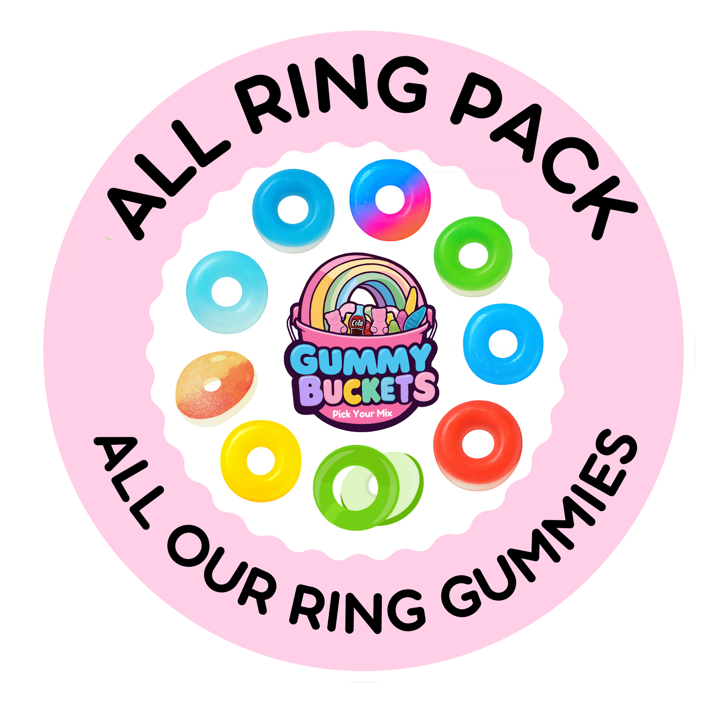 A circular pink graphic with the text 'ALL RING PACK' and 'ALL OUR RING GUMMIES' around a central 'Gummy Buckets Candy Co.' logo, with several colorful ring-shaped gummies illustrated around the center.