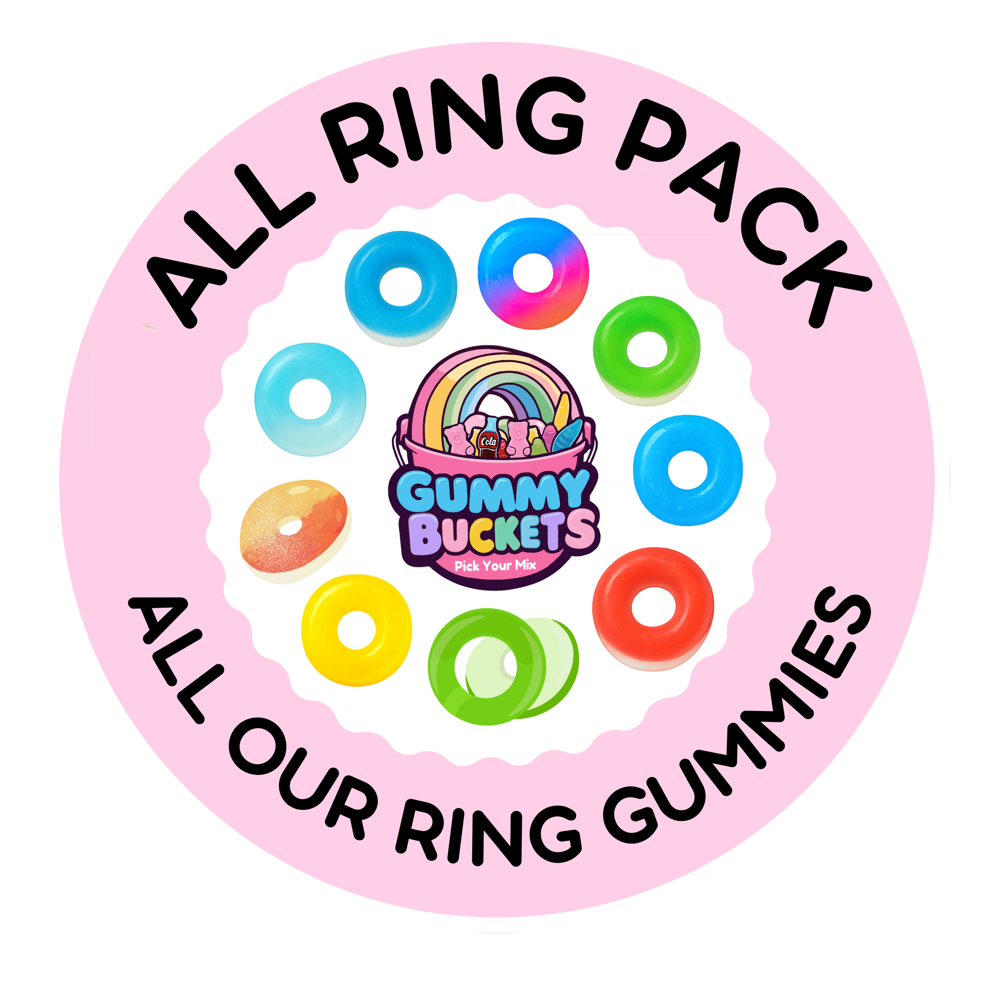 A circular pink graphic with the text 'ALL RING PACK' and 'ALL OUR RING GUMMIES' around a central 'Gummy Buckets Candy Co.' logo, with several colorful ring-shaped gummies illustrated around the center.