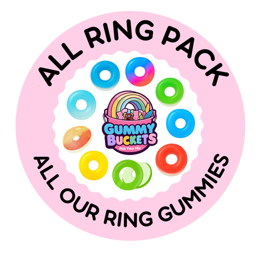 A circular pink graphic with the text 'ALL RING PACK' and 'ALL OUR RING GUMMIES' around a central 'Gummy Buckets Candy Co.' logo, with several colorful ring-shaped gummies illustrated around the center.
