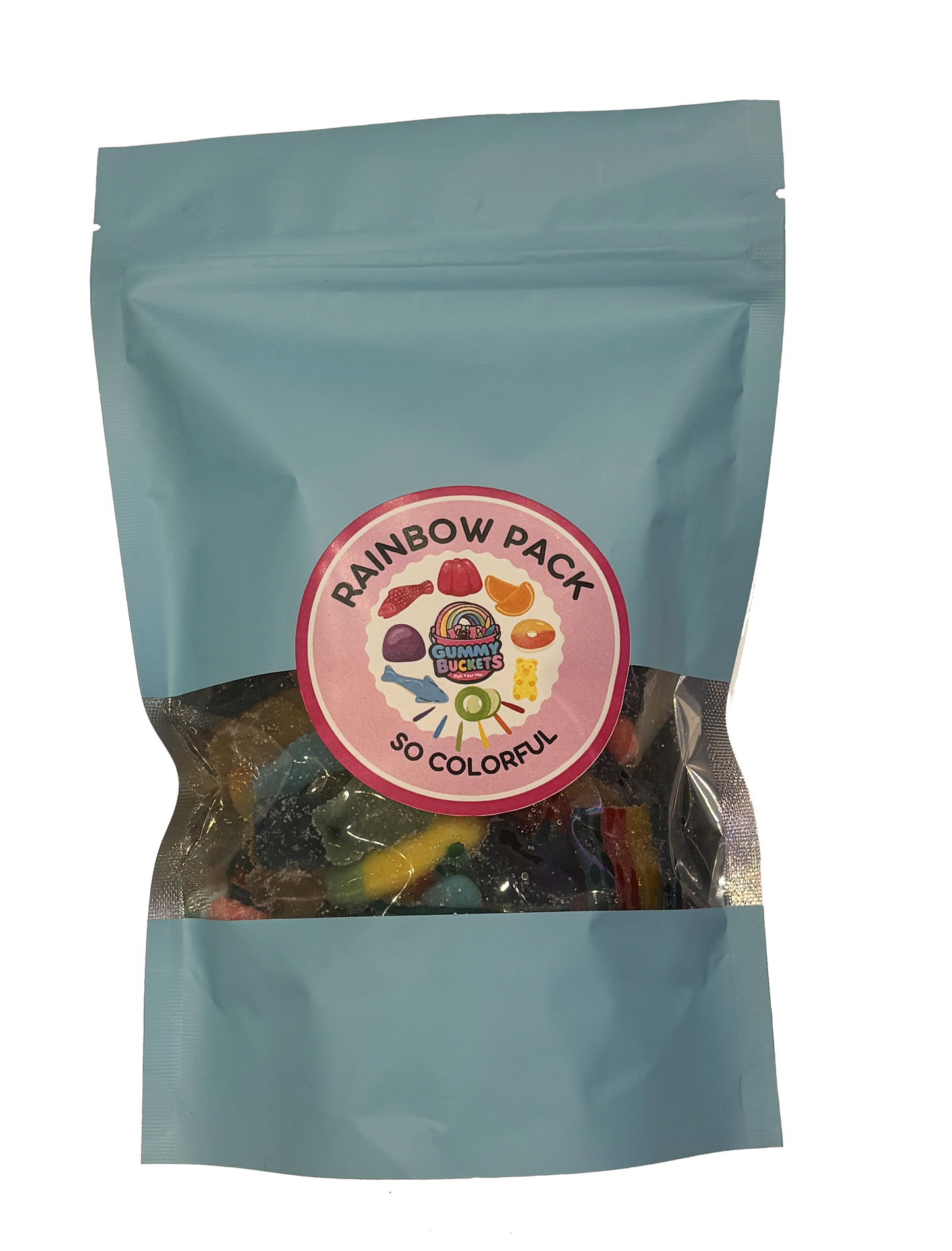 A light blue stand-up pouch of gummy candies with a clear window showing multicolored gummies inside. The front has a round pink label reading 'RAINBOW PACK' and 'SO COLORFUL' with candy illustrations.