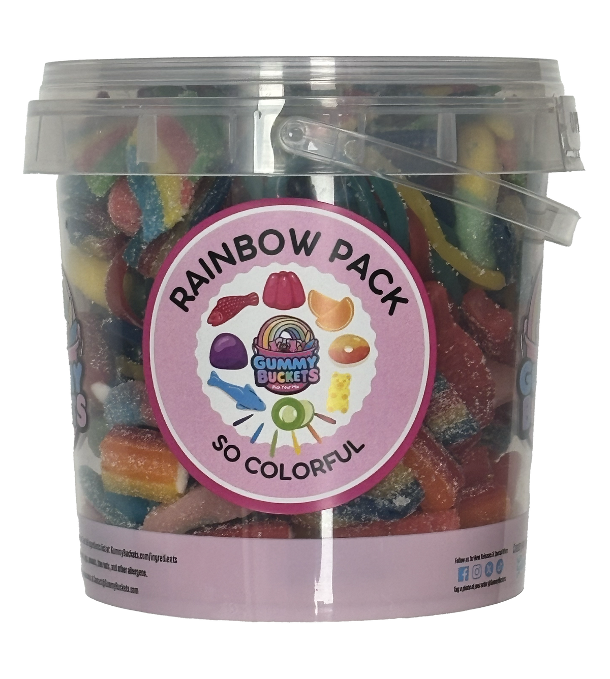 A clear plastic bucket filled with assorted gummy candies, featuring a pink circular label that reads 'RAINBOW PACK SO COLORFUL' with the Gummy Buckets logo. The bucket has a clear lid with a built-in handle.
