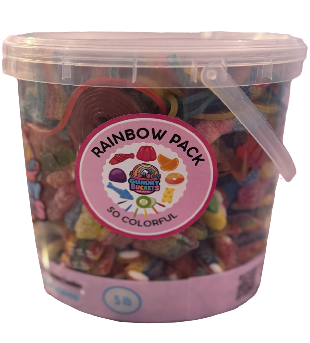A 5 lb clear plastic bucket filled with assorted gummy candies, featuring a pink circular label that reads 'RAINBOW PACK' and 'SO COLORFUL' with the Cummy Buckets logo.