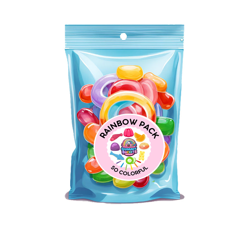 Packaged gummy candies with a 'Rainbow Pack' label on a white background