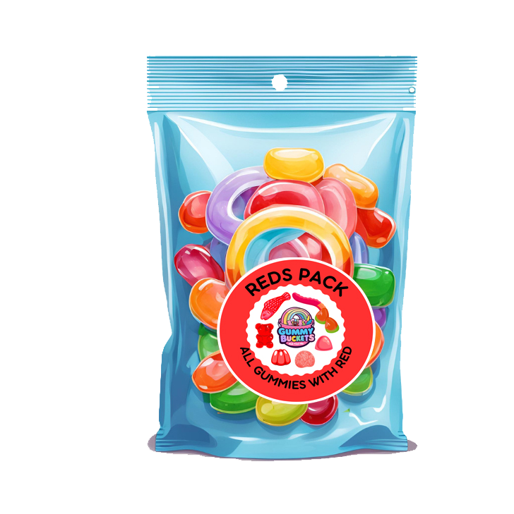 Packaged gummy candies with a red label on a white background