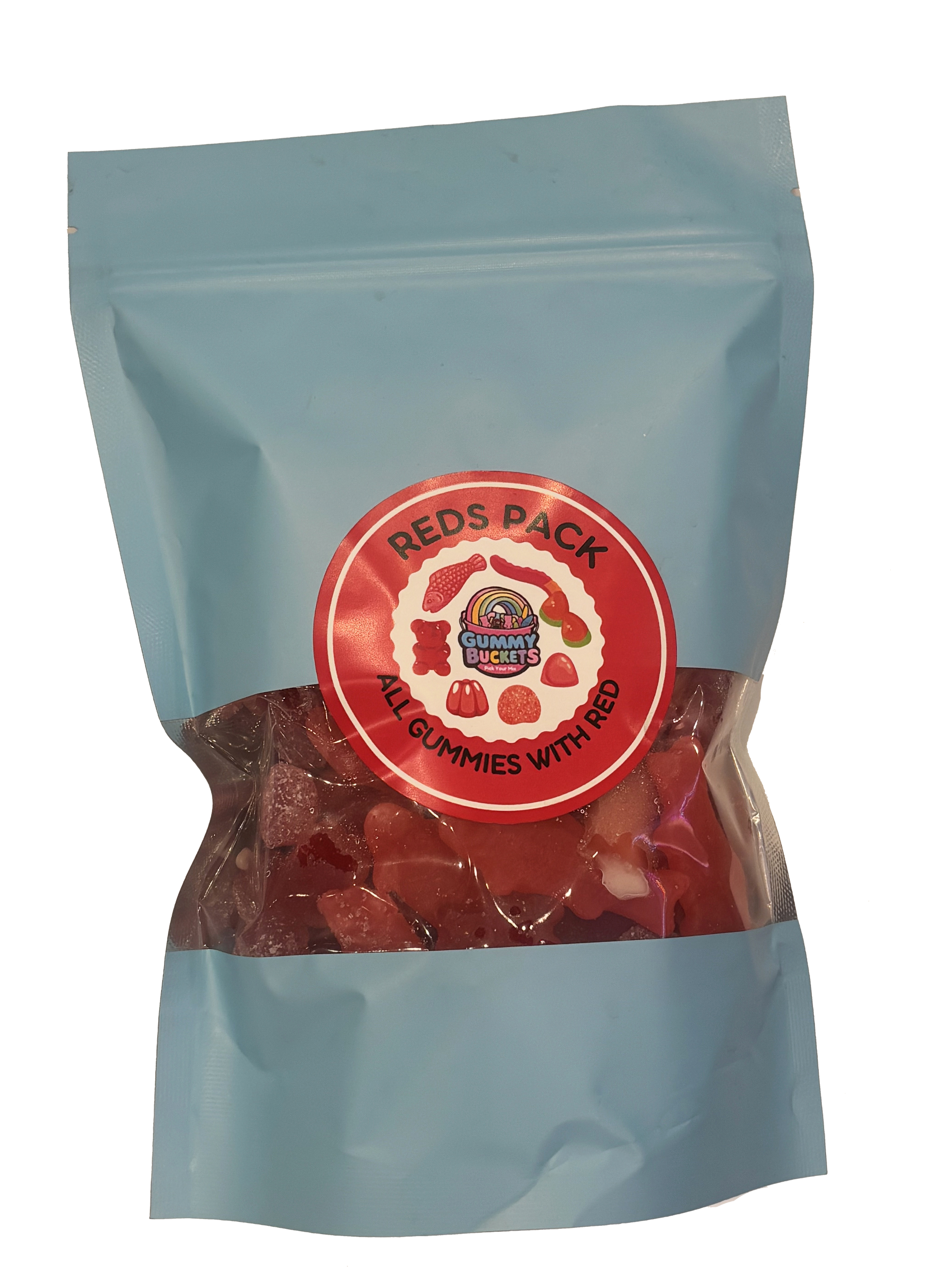 A light blue resealable stand-up pouch with a clear window showing a rich assortment of red gummy candies including bears, worms, sharks, lips, and strawberries inside. A round red label on the front reads 'REDS PACK' and 'ALL GUMMIES WITH RED' with the Gummy Buckets logo surrounded by illustrated red candy icons in the center.