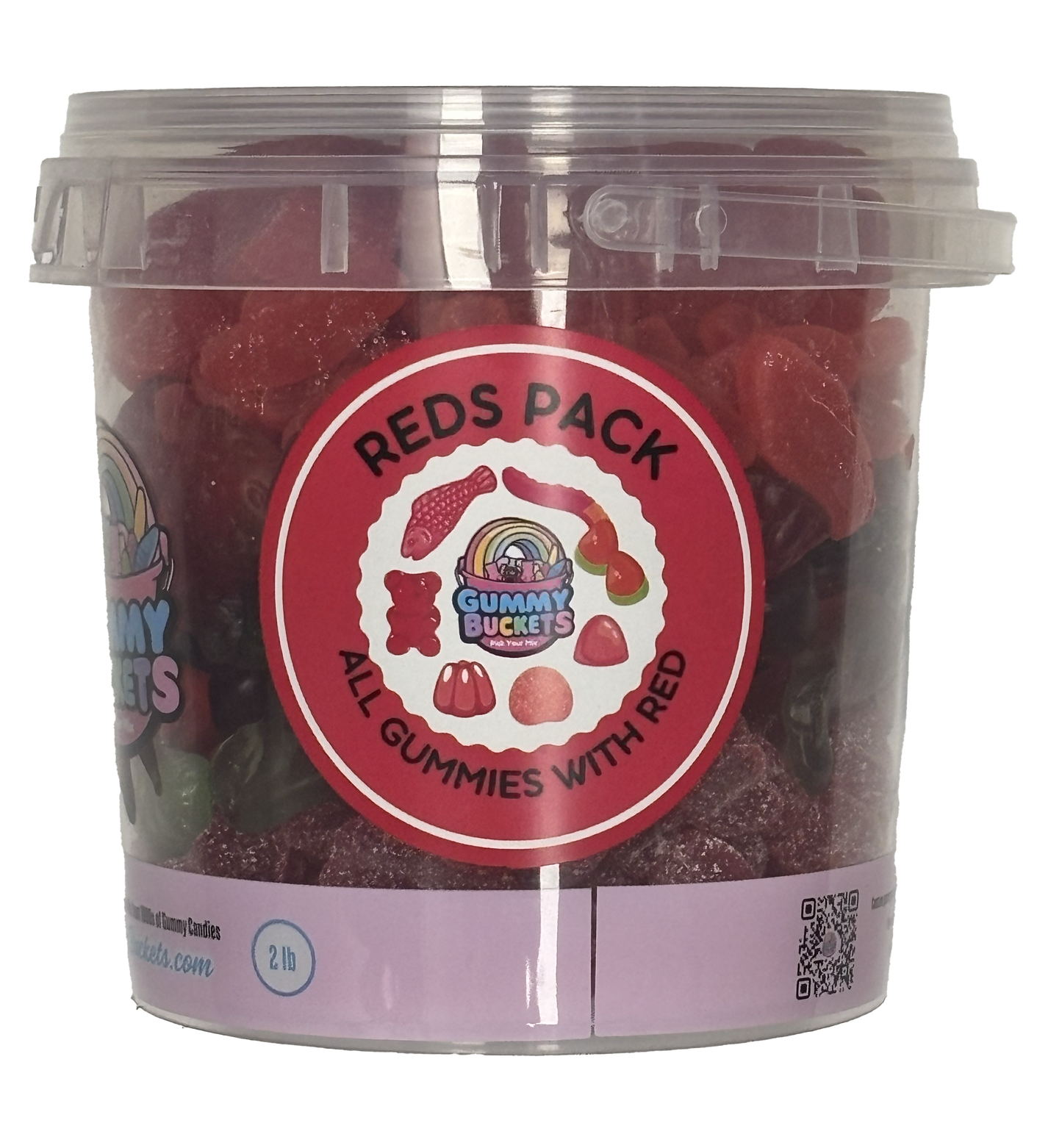 A clear plastic tub of Gummy Buckets 'Reds Pack' gummy candy, showing red and dark red gummies inside, with a prominent red circular label on the front.