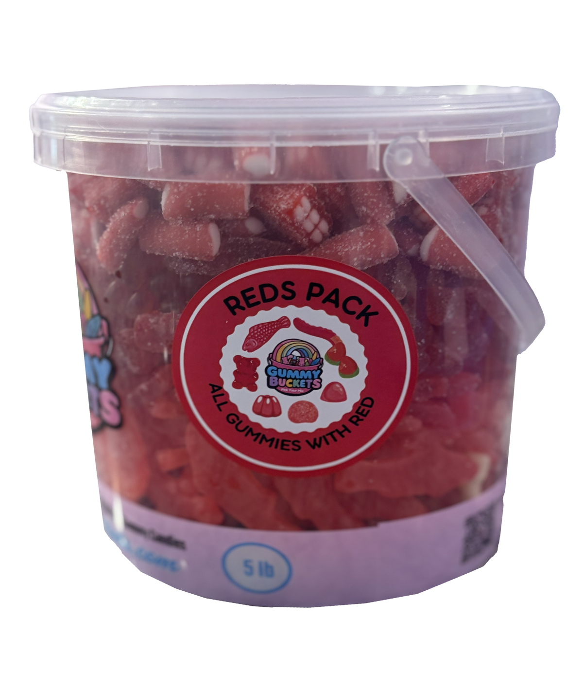 A 5 lb plastic bucket filled with red gummy candies, featuring a circular red label that reads 'REDS PACK' and 'ALL GUMMIES WITH RED' with the Gummy Dicker logo. The bucket has a clear lid and a translucent purple base, shown against a plain white background.