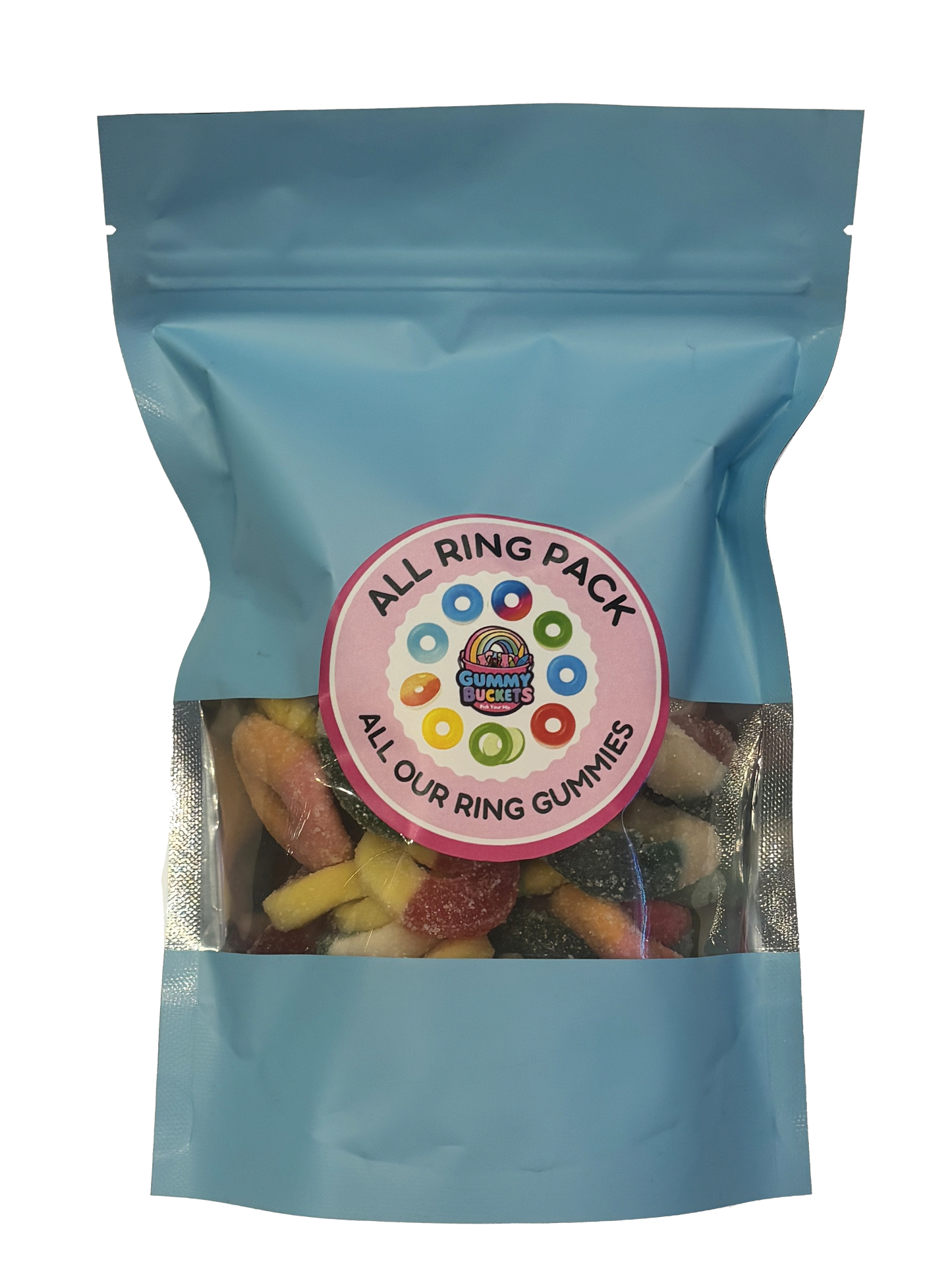A light blue resealable stand-up pouch with a clear window showing a colorful assortment of ring-shaped gummy candies in red, yellow, green, blue, and black inside. A round pink label on the front reads 'ALL RING PACK' and 'ALL OUR RING GUMMIES' with the Gummy Buckets logo surrounded by illustrated colorful gummy rings in the center.