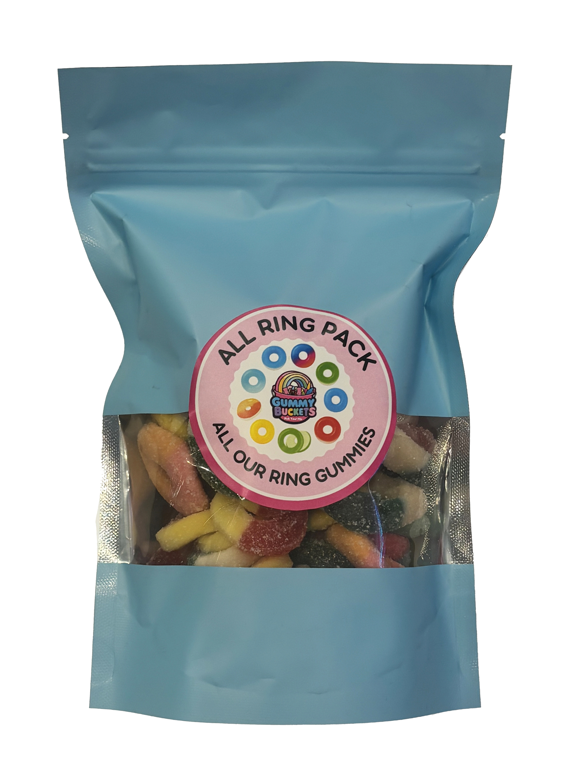 A light blue resealable stand-up pouch with a clear window showing a colorful assortment of ring-shaped gummy candies in red, yellow, green, blue, and black inside. A round pink label on the front reads 'ALL RING PACK' and 'ALL OUR RING GUMMIES' with the Gummy Buckets logo surrounded by illustrated colorful gummy rings in the center.