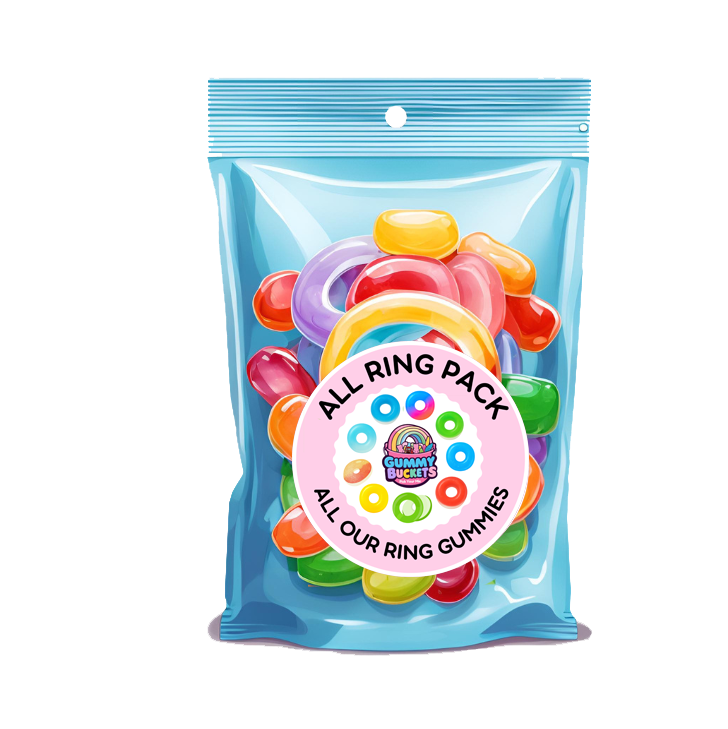 Packaged gummy rings with a blue transparent front, colorful gummies inside, and a pink label on a white background.