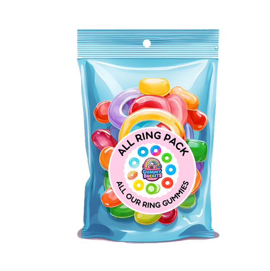 Packaged gummy rings with a blue transparent front, colorful gummies inside, and a pink label on a white background.