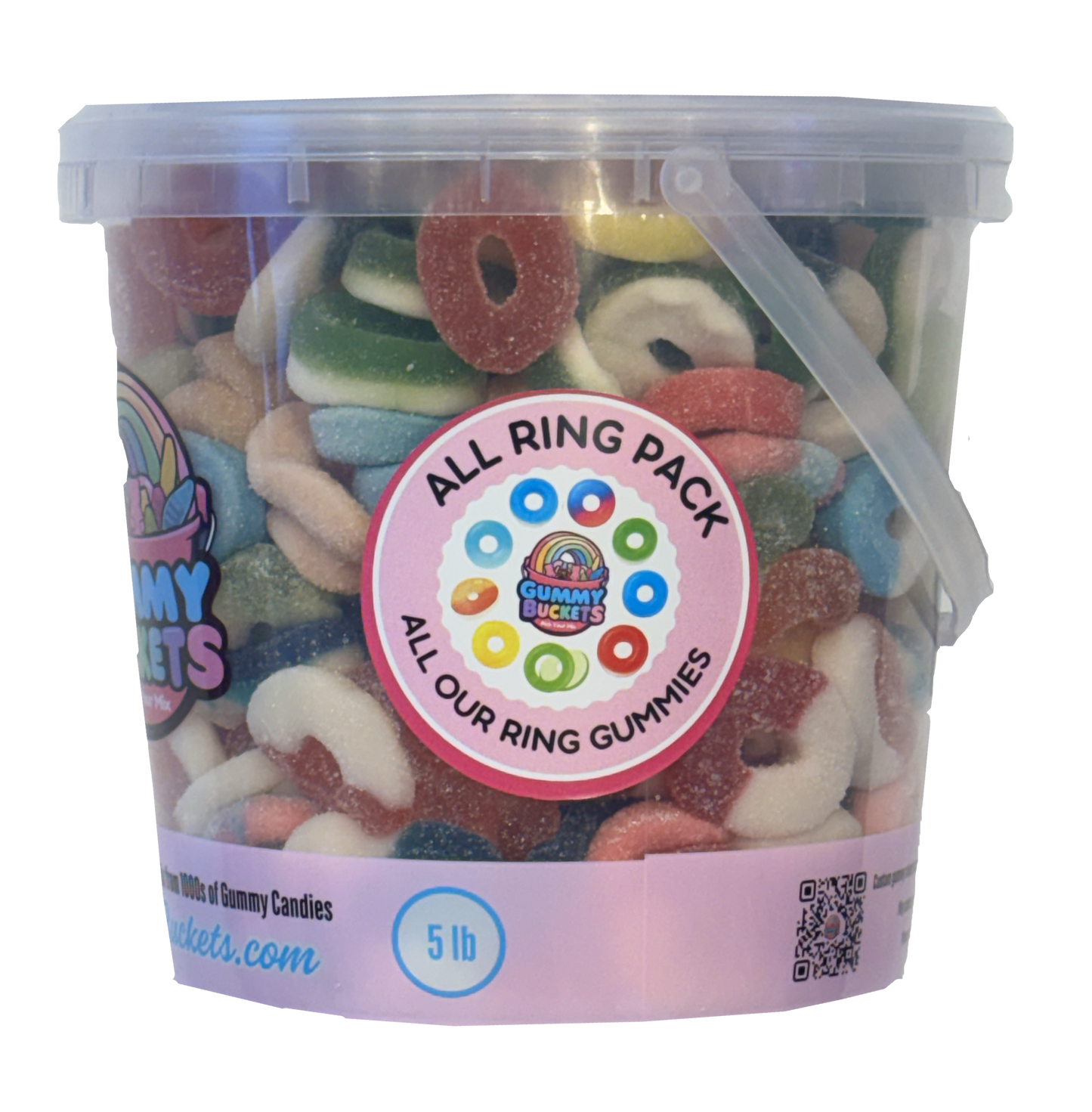 A 5 lb clear plastic bucket filled with assorted ring-shaped sour gummy candies, featuring a pink and white label with a circular logo that reads 'All Our Ring Gummies' and 'All Ring Pack'.