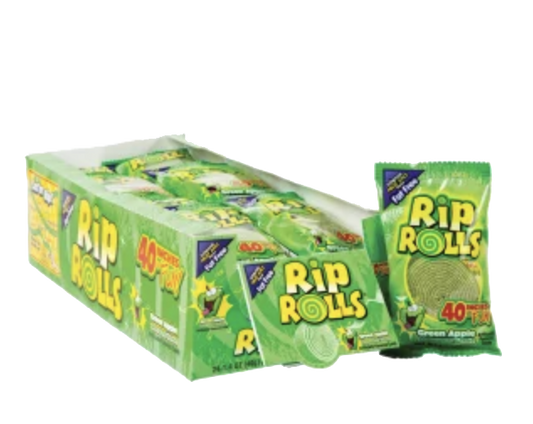 Green Apple Rip Rolls candy pouch beside a green display box.