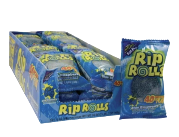 Blue Raspberry Rip Rolls candy pouch beside a blue display box.