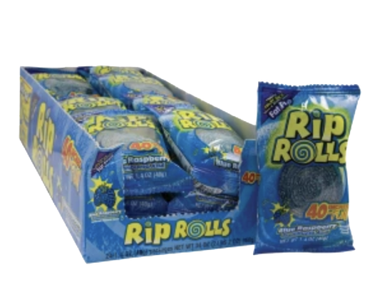 Blue Raspberry Rip Rolls candy pouch beside a blue display box.